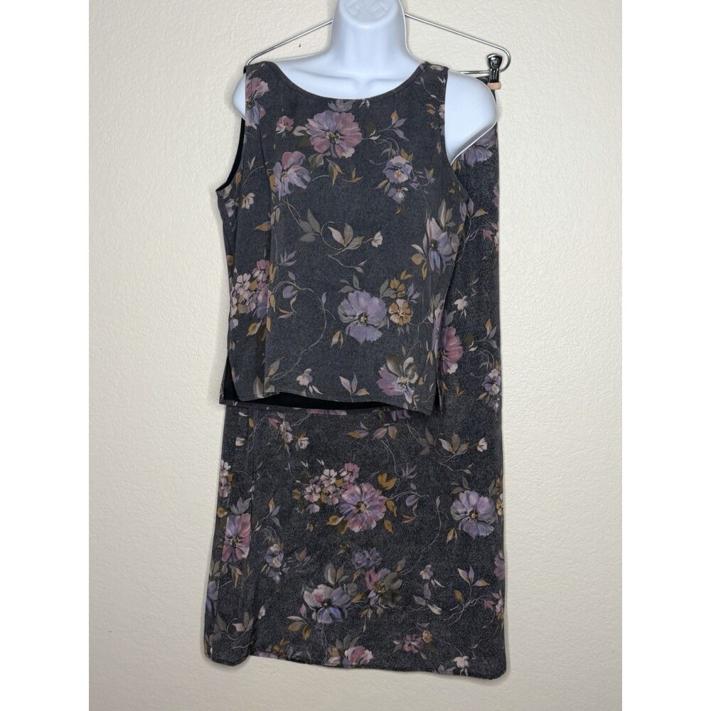 CASUAL CORNER Y2K Silk Gray Floral Sleeveless Top & Midi Skirt Set 2 pc Sz 2-4